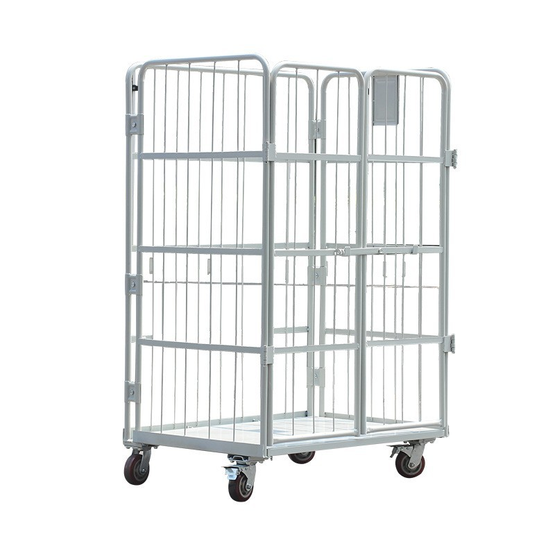 Foldable wire mesh storage cage and metal container for logistics.