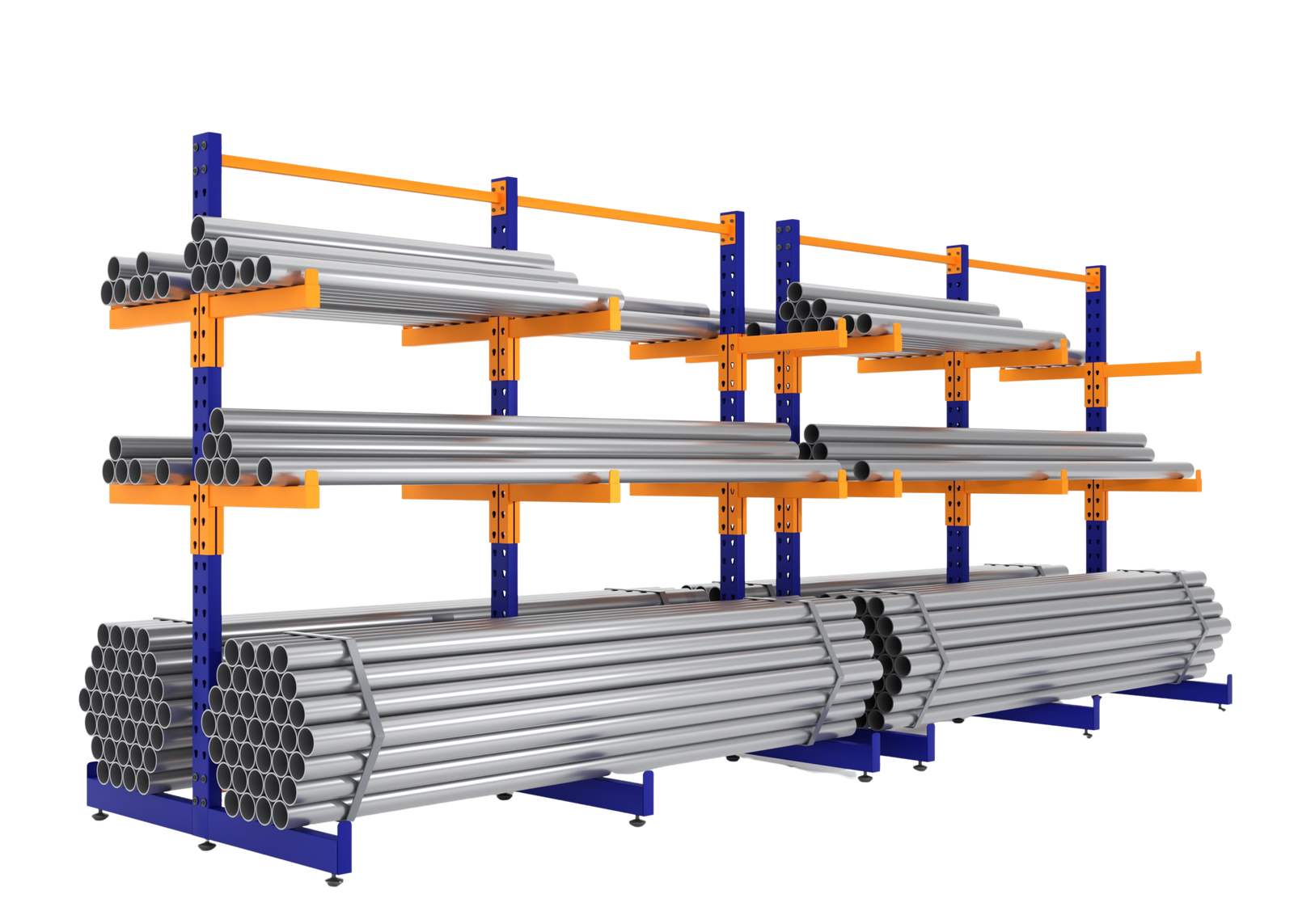 Cantilever rack for storing long pipes and timber materials.