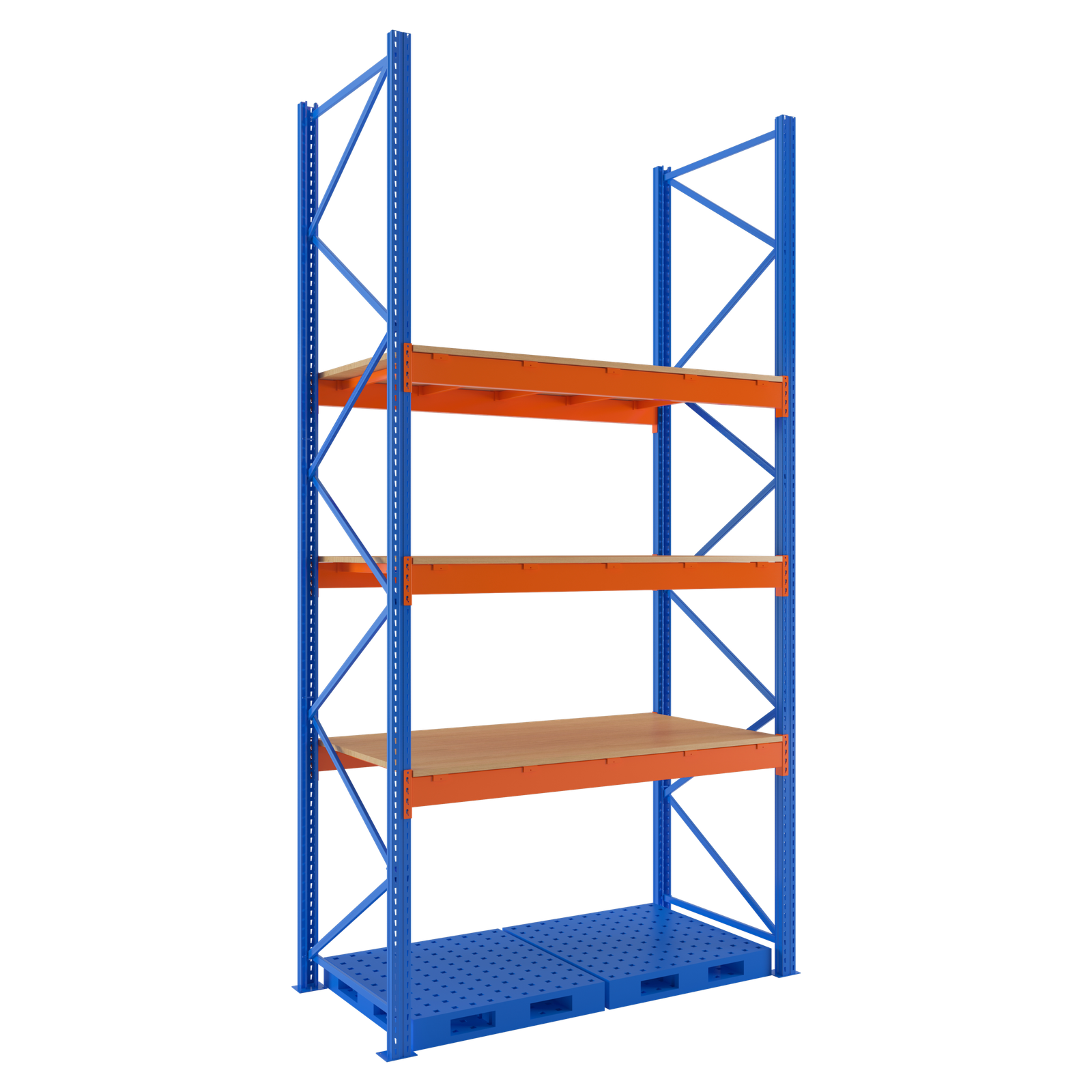 Industrial pallet racking system for heavy-duty palletized goods.