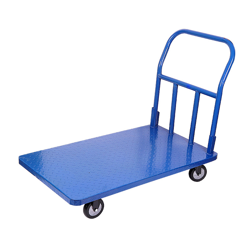 Manual heavy-duty platform trolley cart for warehouse material handling.