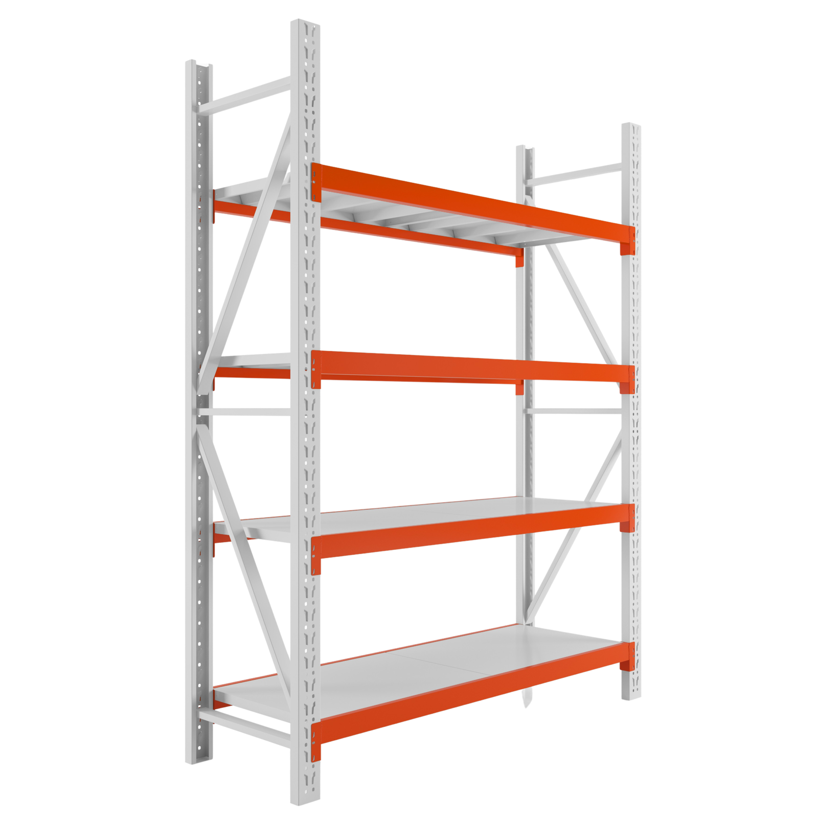 Reinforced steel shelf panel designed for 500kg-800kg load capacity per level.