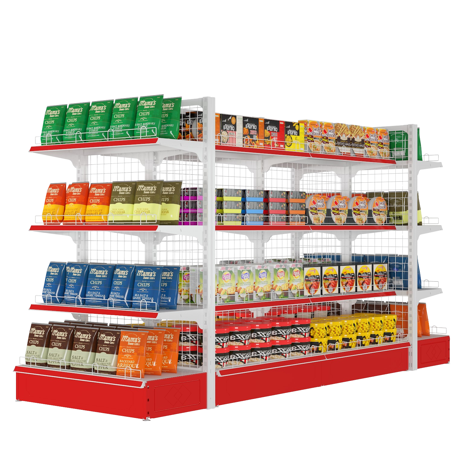 Commercial metal gondola shelving for retail supermarket display.