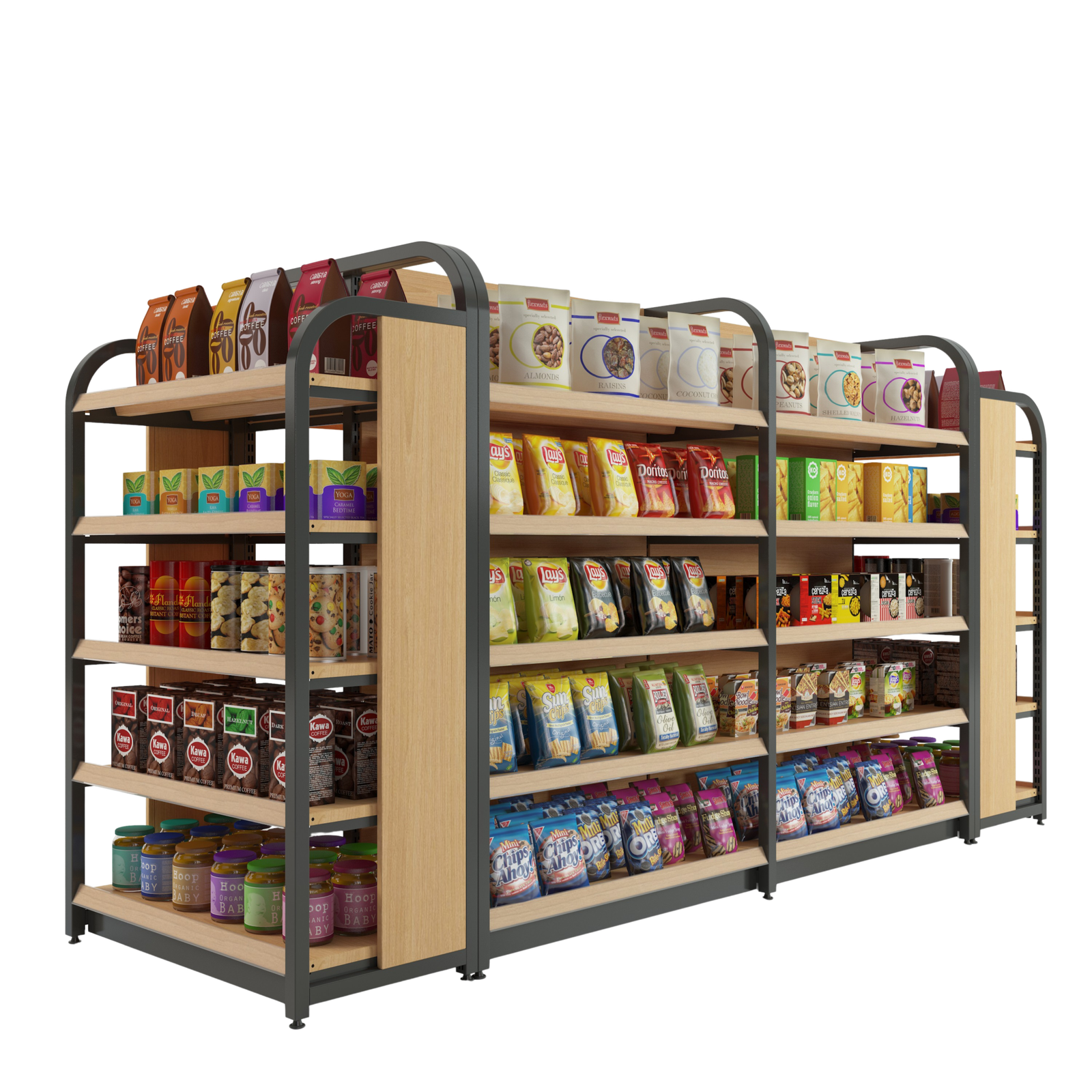 Modern supermarket interior with professional metal shelving installation.