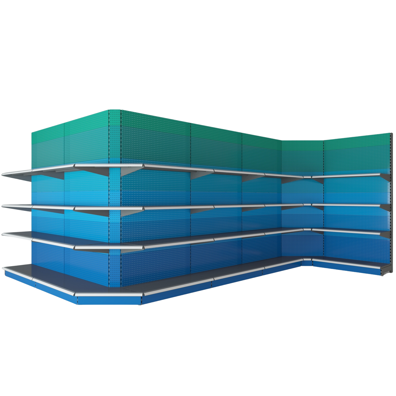 Detail of perforated back panel for hanging hooks on supermarket shelving.