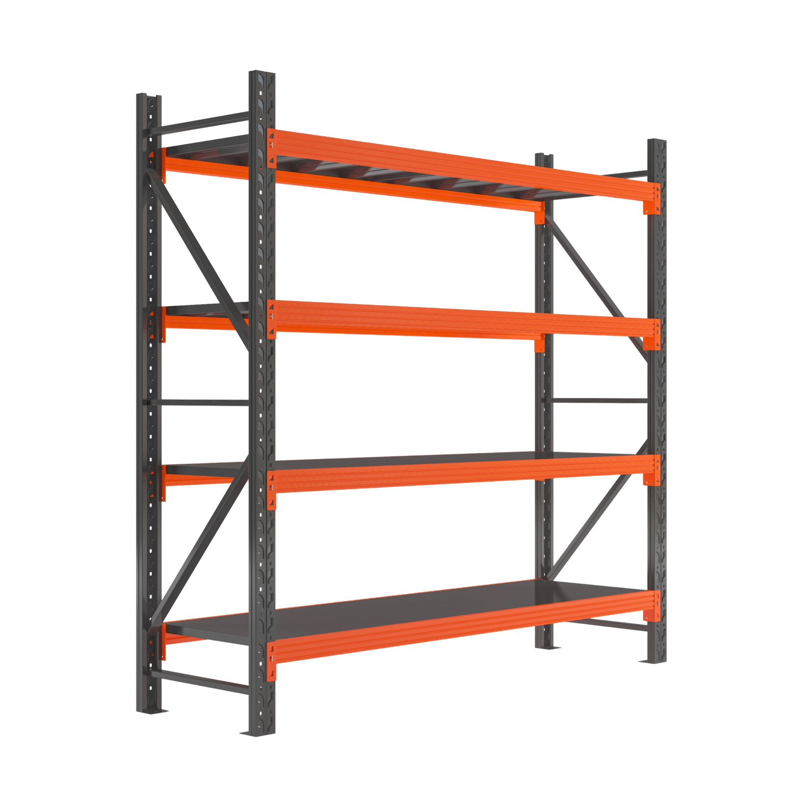 Detail of the boltless plug-in connection for easy medium duty rack assembly.
