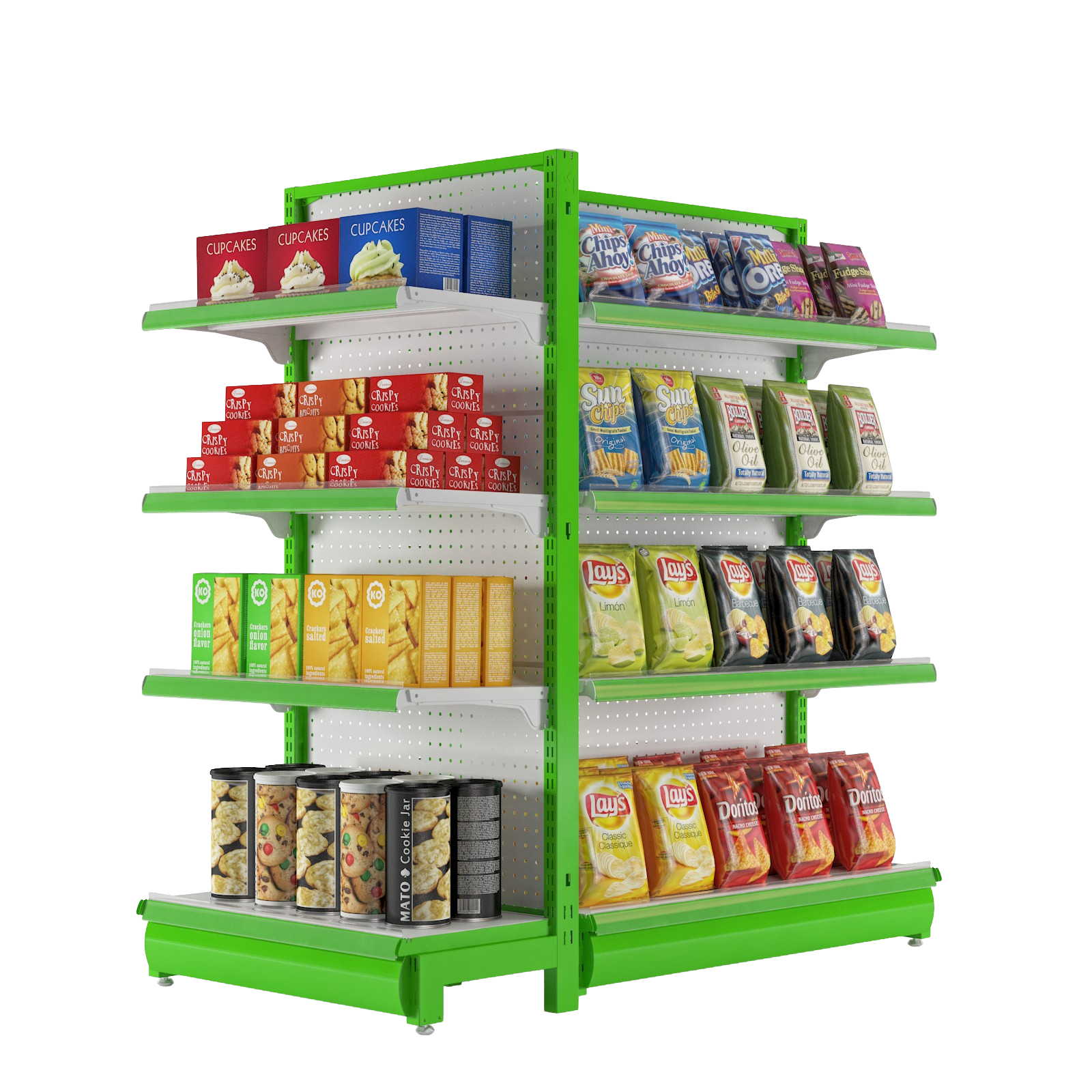 LANTOO double-sided gondola shelf for supermarket center aisle display.