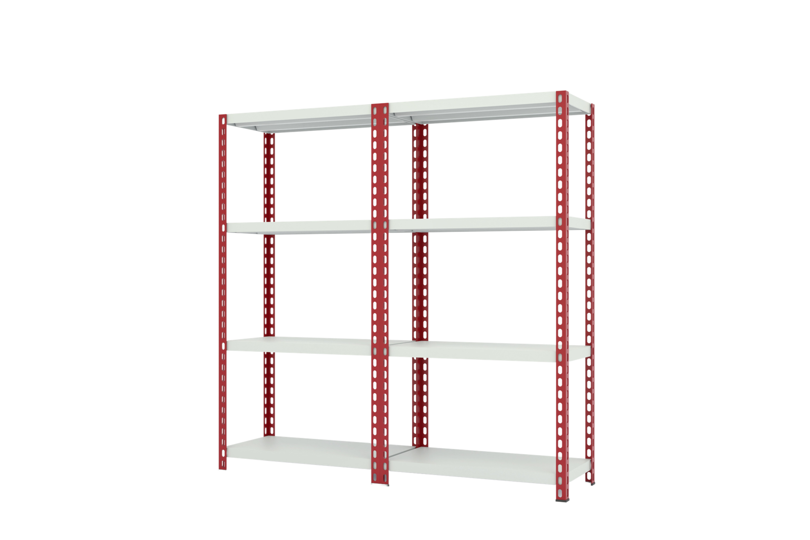 Slotted angle shelving used in a retail stockroom for organized inventory.