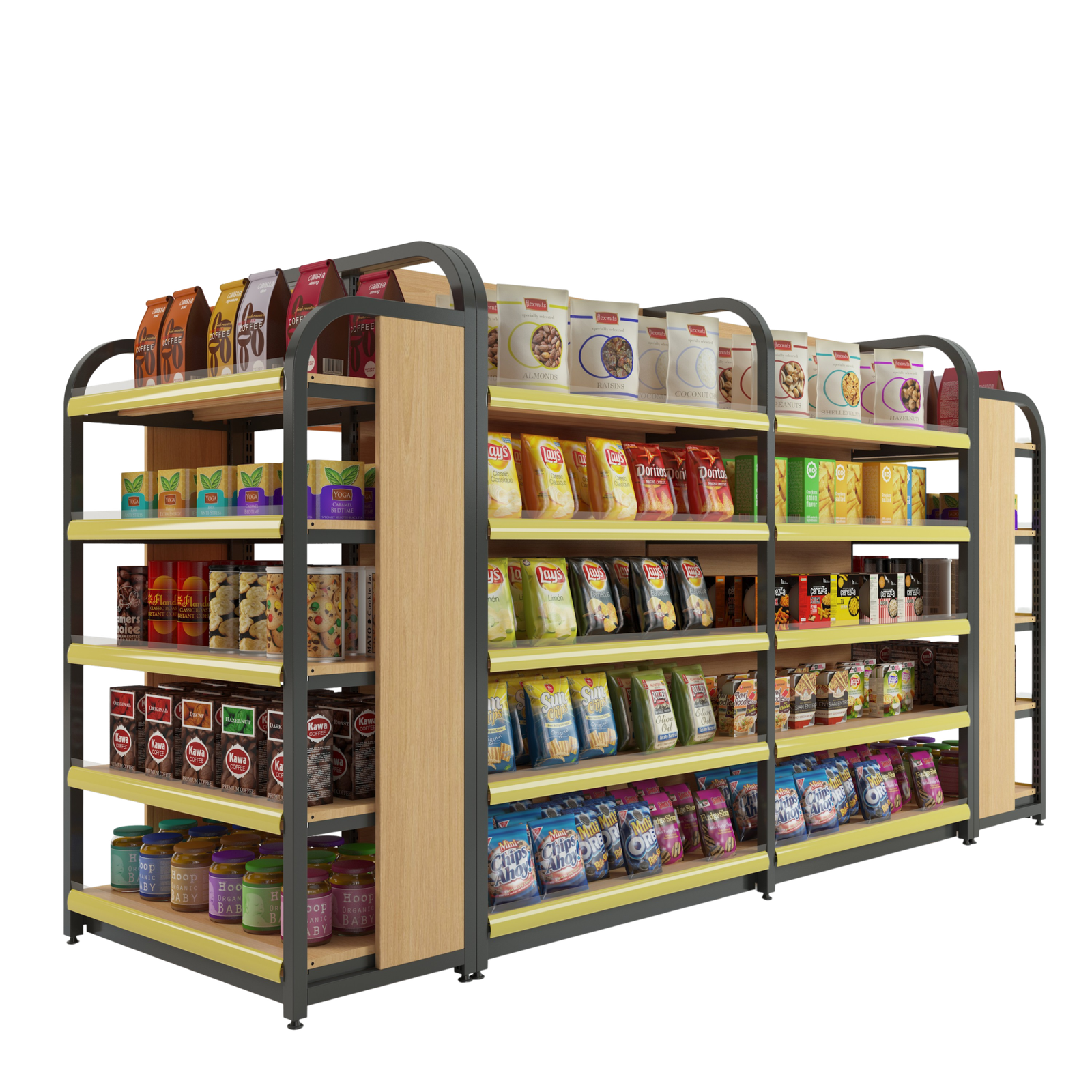 Wooden display racks used for bread and bakery items in a high-end shop.
