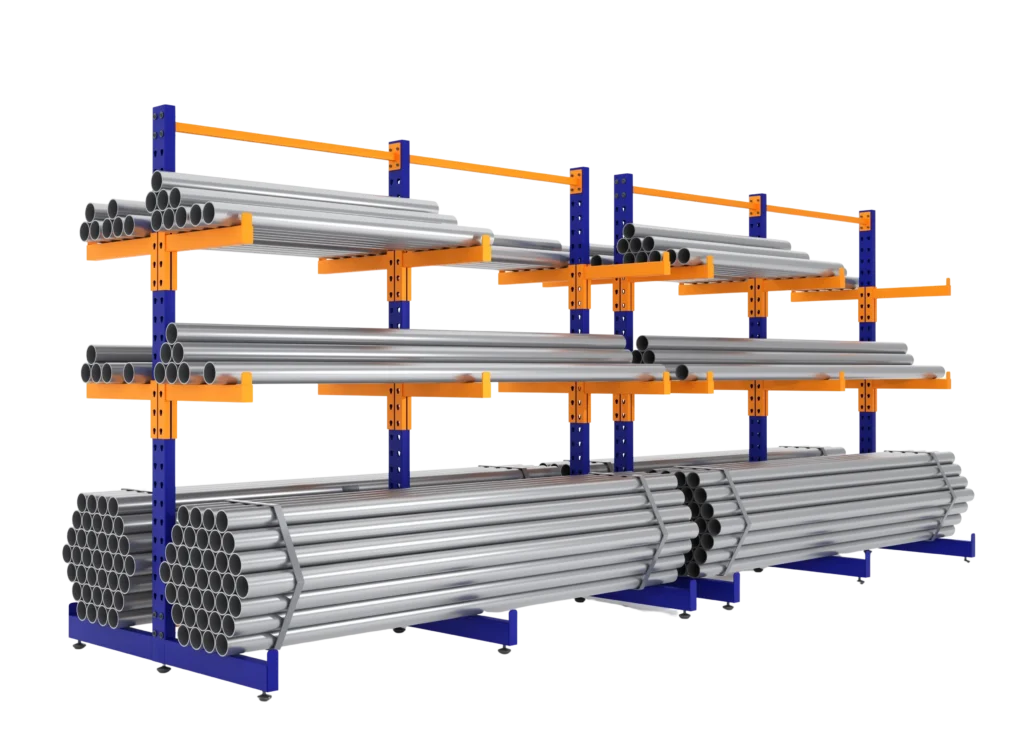 Heavy duty steel cantilever rack for long industrial tube and timber warehouse storage