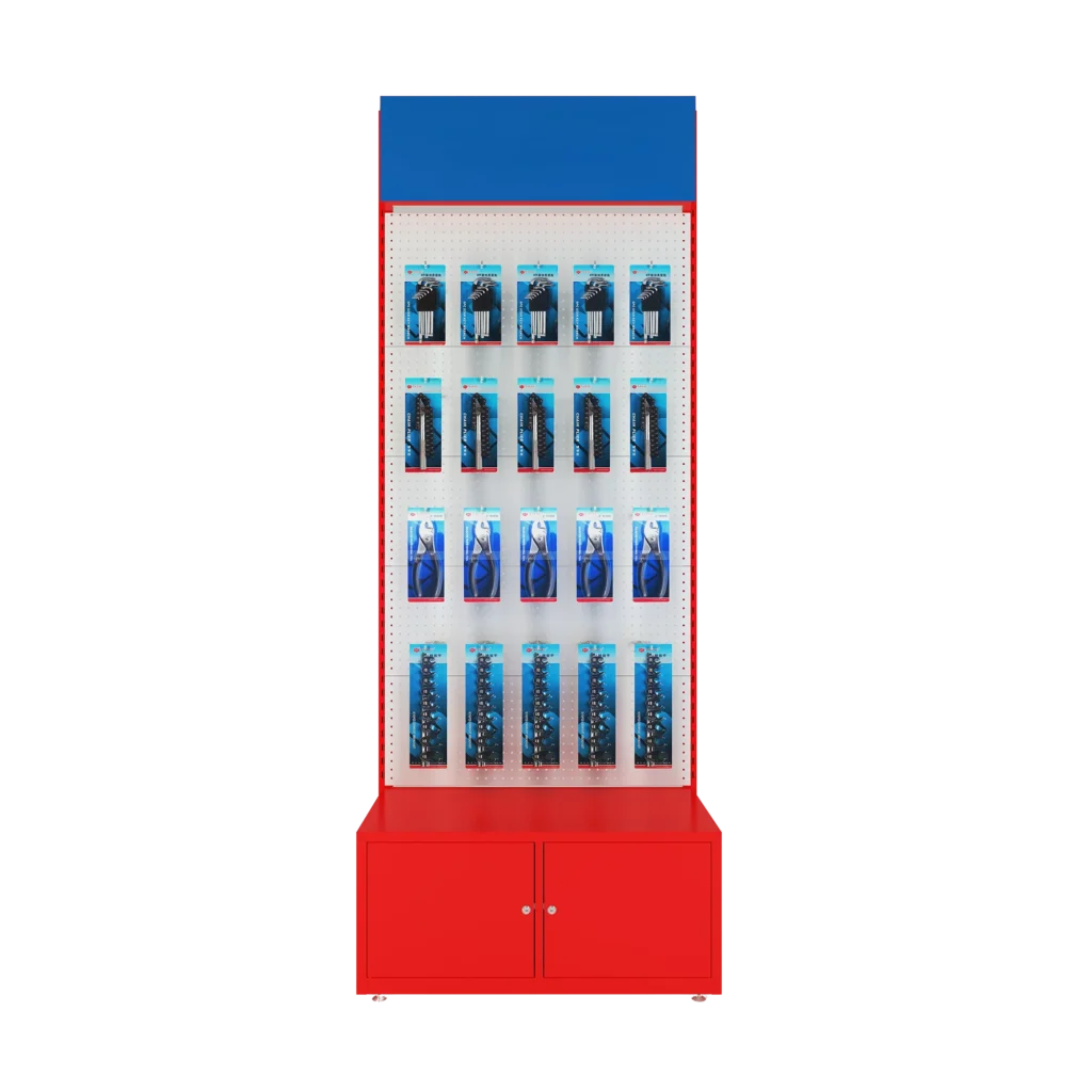Heavy duty steel custom hardware and tool retail display stand with pegboard panels