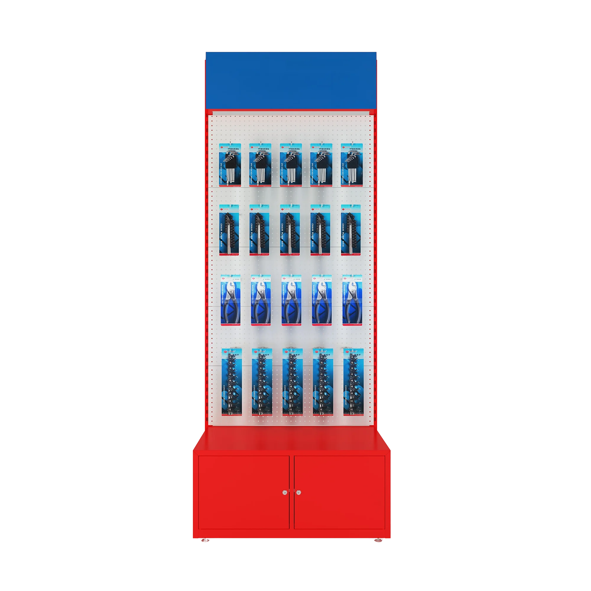 Heavy duty steel custom hardware and tool retail display stand with pegboard panels