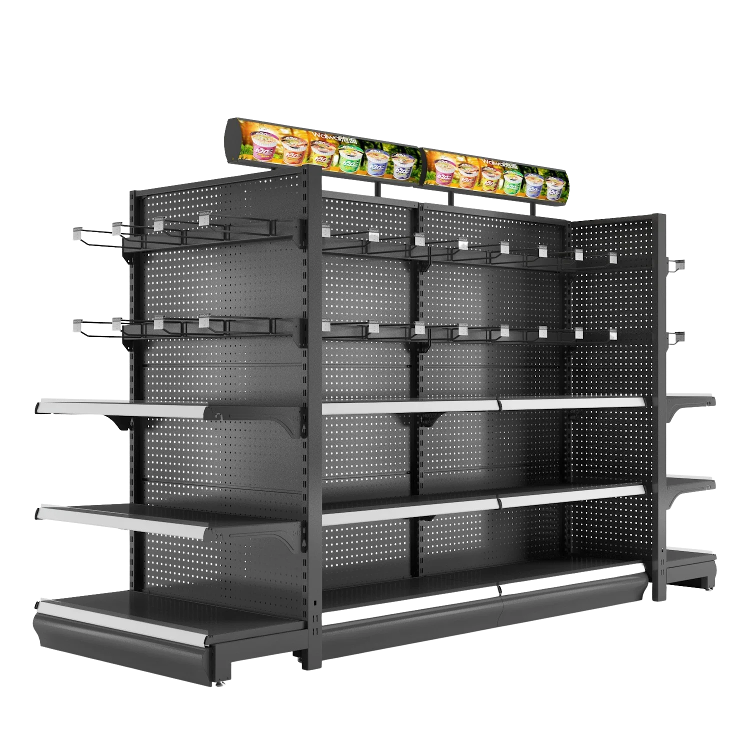 Double sided retail supermarket grocery gondola shelving unit manufactured by LANTOO
