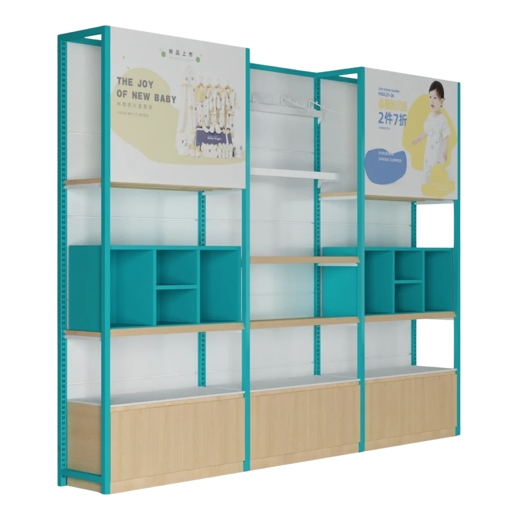 Eco friendly maternity grocery and baby formula custom retail display stands with wood grain finish