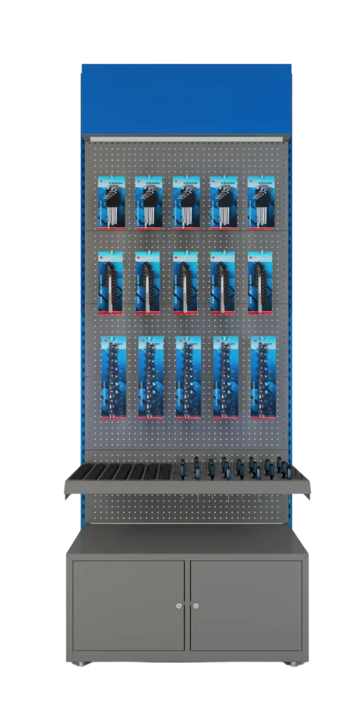 Heavy duty retail hardware and tool display stand with perforated metal pegboard