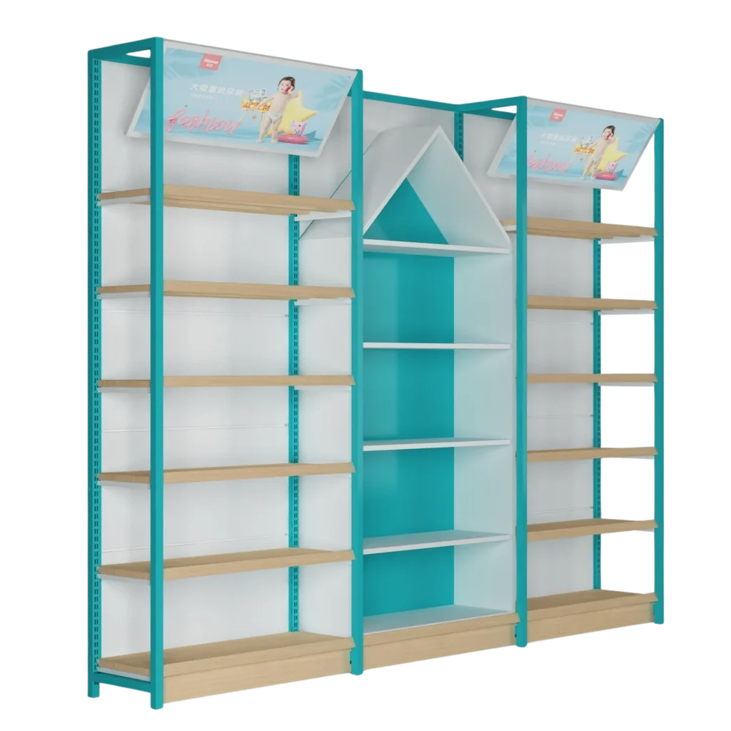 Maternity and baby product retail store display stand with warm wood grain finish