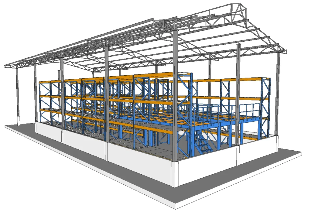 Multi level structural mezzanine floor layout with integrated storage racks to double workspace area