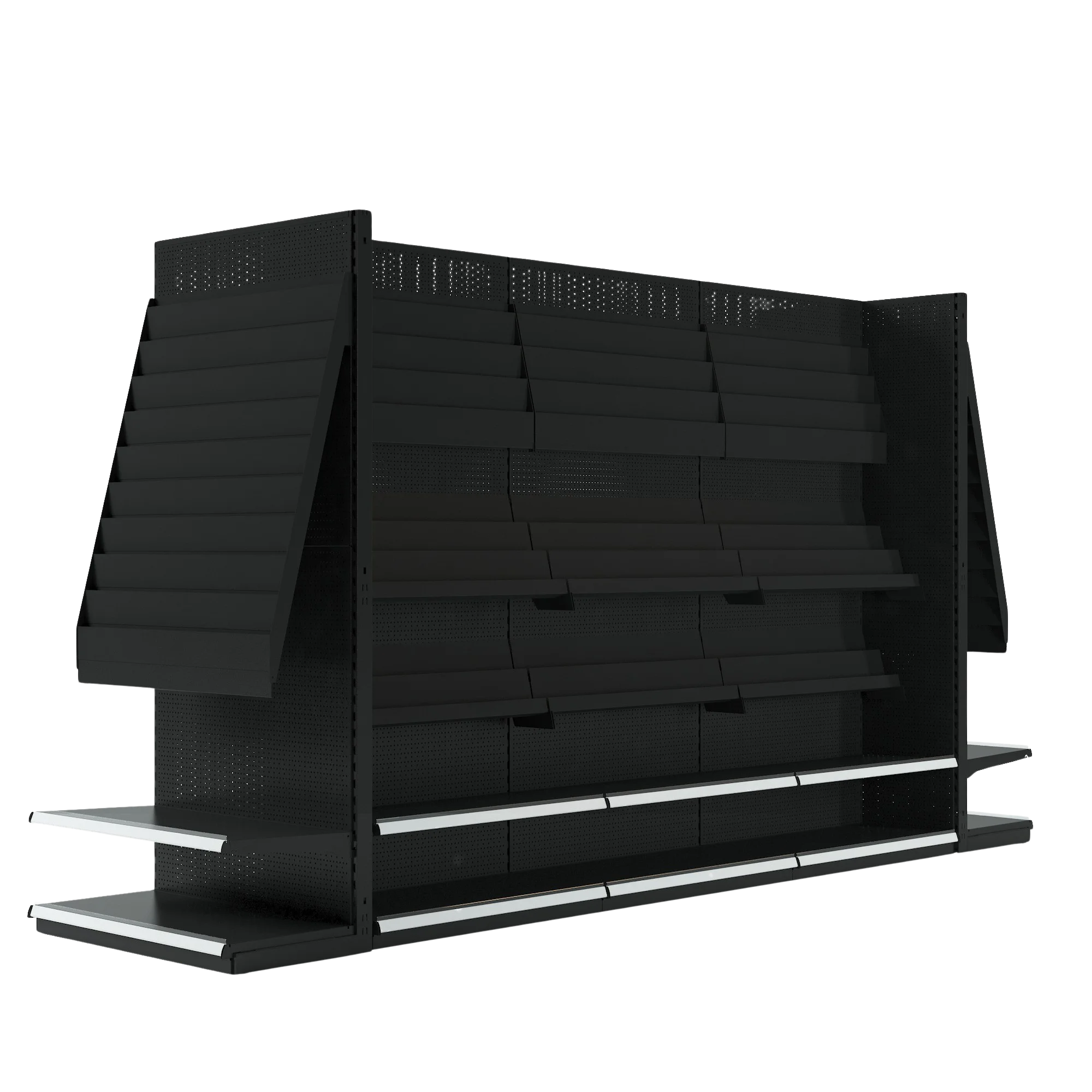 Custom multi tier stationery and bookstore retail display shelving with cascading steel trays