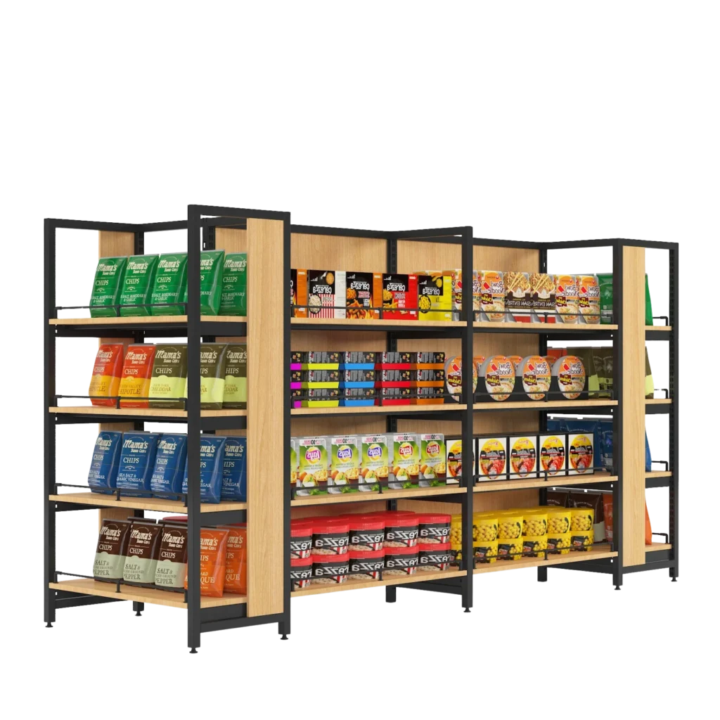 Premium steel wood supermarket wooden display rack shelves for boutique wine and organic food store