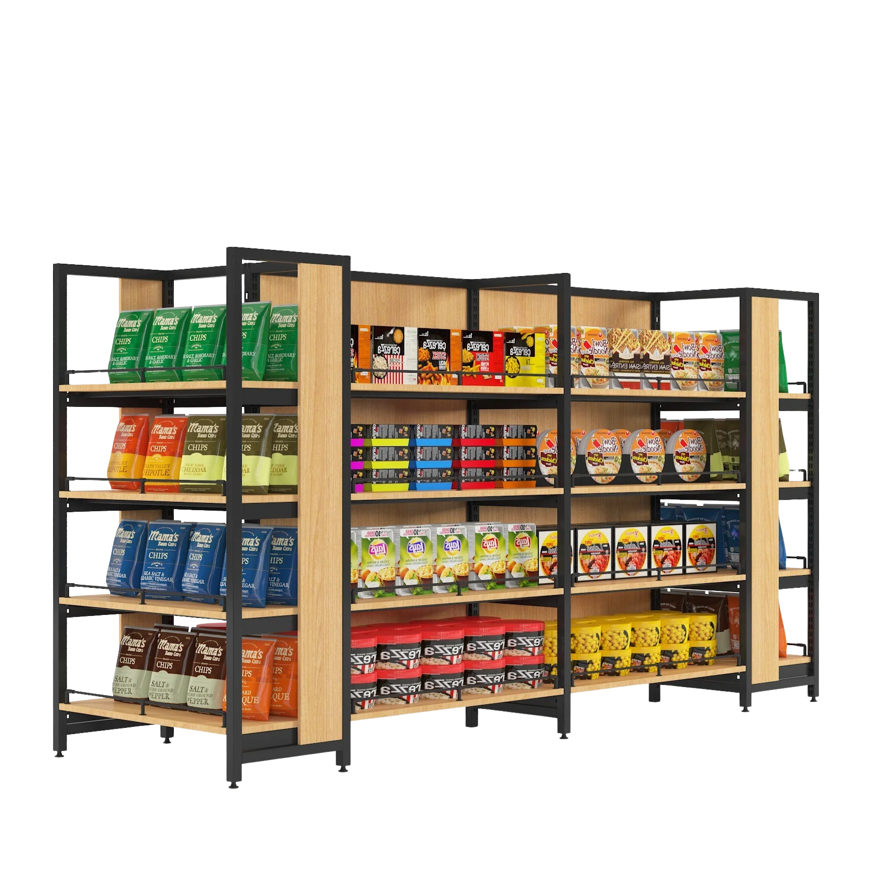 Premium steel wood supermarket wooden display rack shelves for boutique wine and organic food store