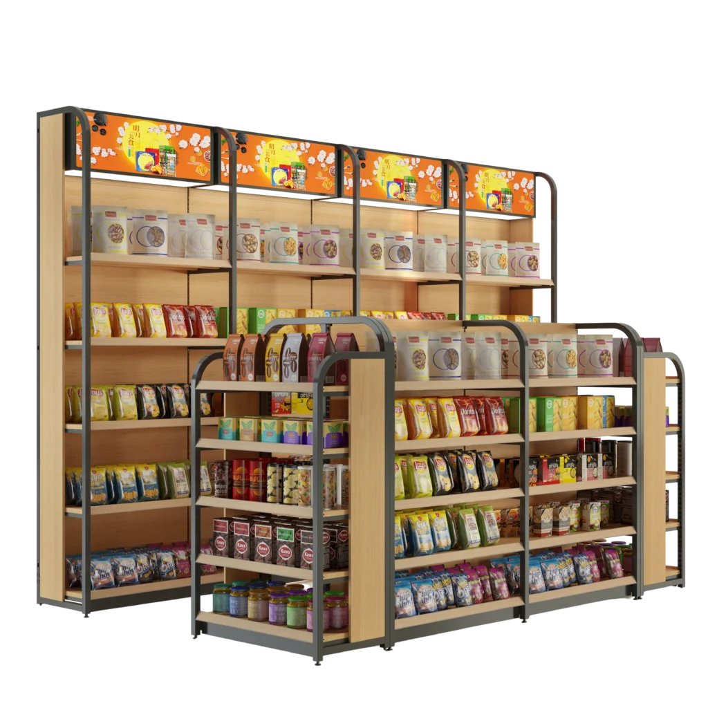 LANTOO premium steel wood supermarket wooden display rack shelves for luxury retail