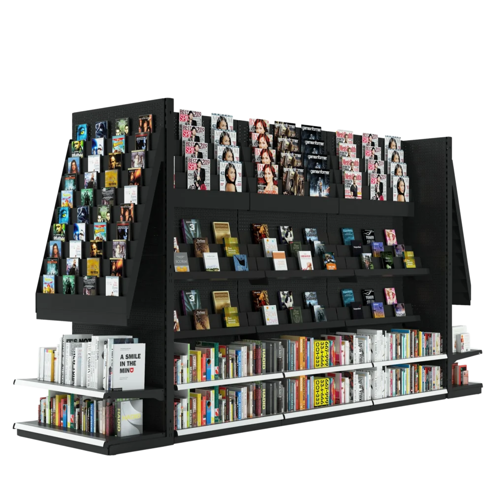 Retail bookstore and stationery product display stand with cascading multi tier shelves