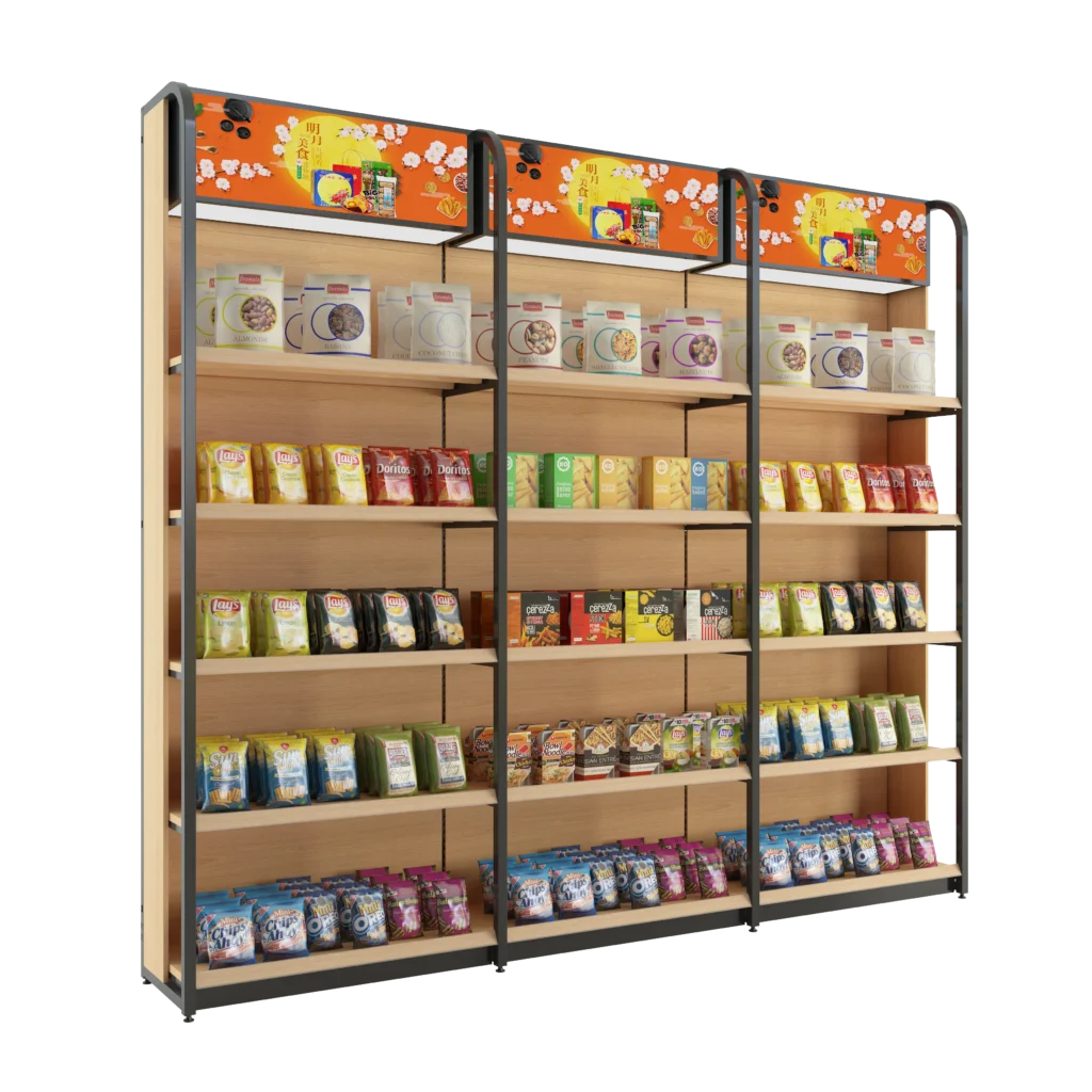 Single sided retail supermarket wall shelving rack for perimeter store storage