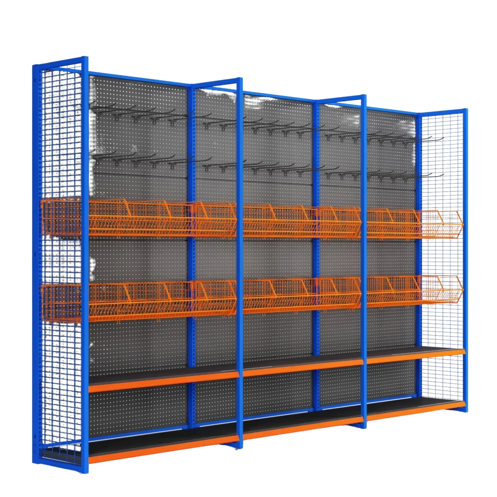 Single sided retail supermarket wall shelving rack unit for perimeter grocery layout