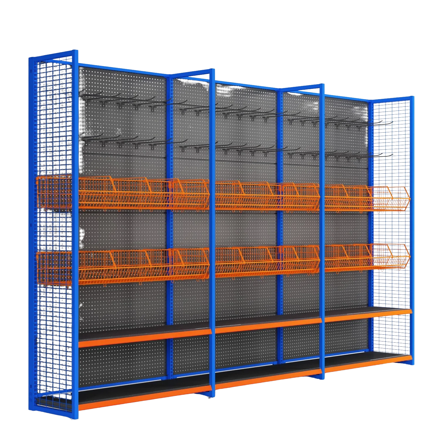 Single sided retail supermarket wall shelving rack unit for perimeter grocery layout